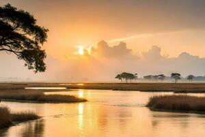 the sun rises over a marsh and trees. AI-Generated photo