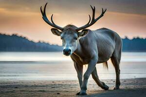 a deer with horns walking on the beach. AI-Generated photo