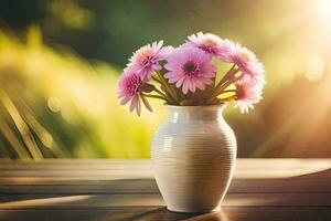 a vase of pink flowers on a table. AI-Generated photo