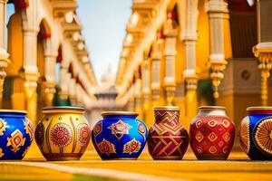 a row of colorful vases lined up in a row. AI-Generated photo