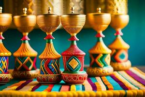 colorful vases with gold and red decorations on a table. AI-Generated photo