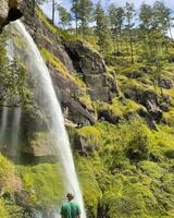 Serene Motion Amidst Nature,Forest creek with waterfall, person enjoying nature's beauty amidst greenery. photo