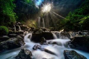 Blurred Motion of Cascading Water in a Beautiful Natural Landscape Blurred cascade of flowing water in nature's beauty, surrounded by trees and rocks. photo