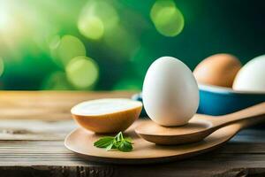huevos y cucharas en un de madera mesa. generado por ai foto