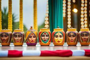 a row of colorful pots with faces on them. AI-Generated photo
