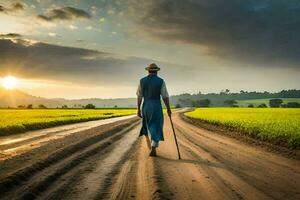 a man walking on a dirt road with cane. AI-Generated photo