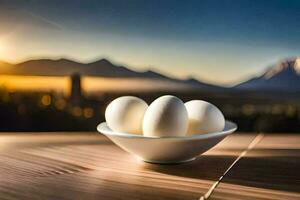 eggs in a bowl on a table with mountains in the background. AI-Generated photo