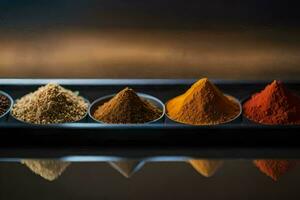 a row of spices on a tray. AI-Generated photo