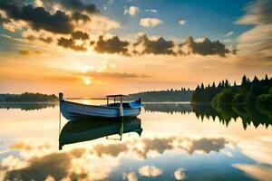 a boat is sitting on the water at sunset. AI-Generated photo