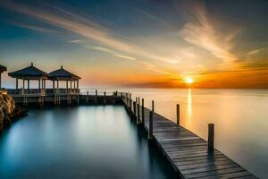 a pier with gazebos at sunset. AI-Generated photo