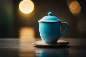 a blue coffee cup on a saucer. AI-Generated photo