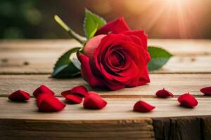 a single red rose on a wooden table with petals scattered around it. AI-Generated photo