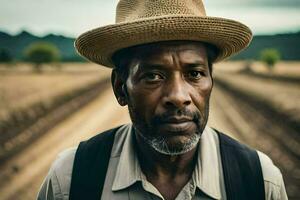 a man in a hat standing in a field. AI-Generated photo