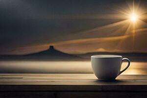 a cup of coffee on a wooden table with the sun shining in the background. AI-Generated photo