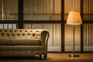 a tan leather couch and lamp in front of a window. AI-Generated photo