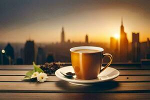 café en el mesa con un ciudad vista. generado por ai foto