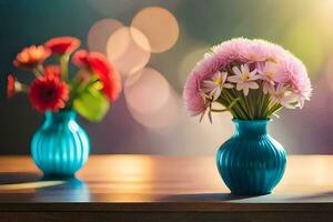 dos floreros con flores en un mesa. generado por ai foto