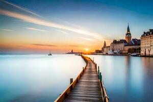 a wooden pier leads to a city at sunset. AI-Generated photo