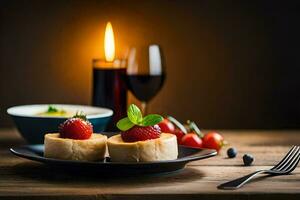 food on a plate with a candle and a glass of wine. AI-Generated photo