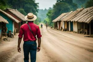 a man in a red shirt and hat walking down a dirt road. AI-Generated photo