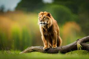 a lion is standing on a tree branch. AI-Generated photo