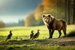 un león y dos aves en pie en un campo. generado por ai foto