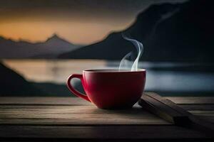 a cup of coffee on a wooden table with a view of mountains. AI-Generated photo