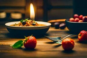 the food is served in a bowl with a fork and knife. AI-Generated photo