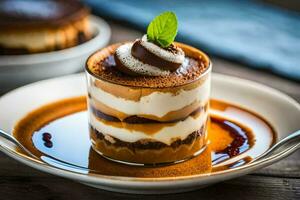 a dessert on a plate with chocolate and caramel. AI-Generated photo