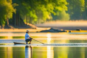 un hombre paletas un canoa en un lago a amanecer. generado por ai foto