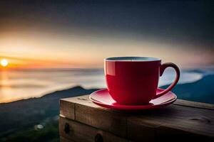 a red cup sits on a wooden table overlooking the ocean. AI-Generated photo