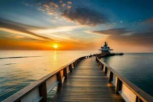 a wooden pier leads to a lighthouse at sunset. AI-Generated photo