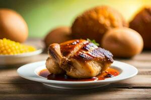 chicken on a plate with corn and bread. AI-Generated photo