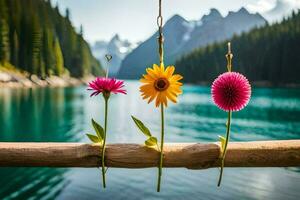 Tres flores colgando desde un de madera polo en frente de un lago. generado por ai foto