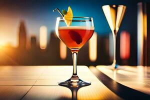 cocktail on the table with cityscape in the background. AI-Generated photo