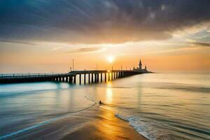 a long pier with a lighthouse at sunset. AI-Generated photo