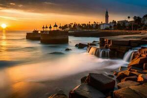 el puesta de sol terminado el Oceano y rocas generado por ai foto