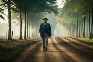 a man in a suit and hat walking down a dirt road. AI-Generated photo