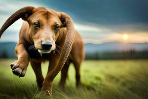 un perro con largo cuernos corriendo mediante un campo. generado por ai foto