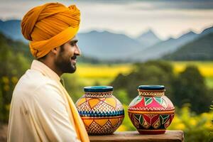 un hombre en un turbante y un cerámica. generado por ai foto