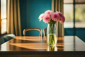 a vase of pink flowers sits on a table in front of a window. AI-Generated photo