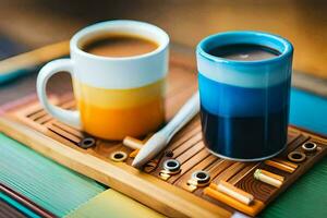 two coffee cups on a wooden tray with a cigarette. AI-Generated photo