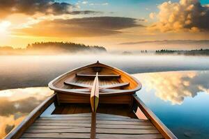 a boat sits on the water at sunset. AI-Generated photo