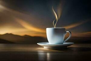a cup of coffee on a table with a mountain in the background. AI-Generated photo