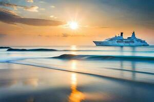 un lujo yate en el Oceano a puesta de sol. generado por ai foto