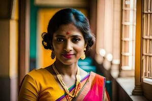 un mujer en un sari poses para un retrato. generado por ai foto