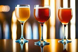 three glasses of beer are lined up on a table. AI-Generated photo