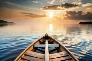 the sun rises over the water in a canoe. AI-Generated photo
