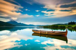 a boat is floating on a calm lake with mountains in the background. AI-Generated photo