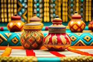 colorful pottery on display in a room. AI-Generated photo